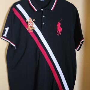 Black Polo Shirt with Red and White Stripes